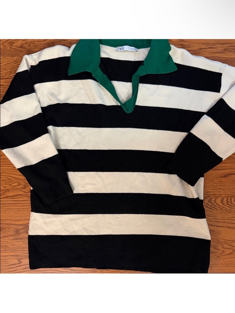 Zara Black and White Striped Sweater with Green Collar